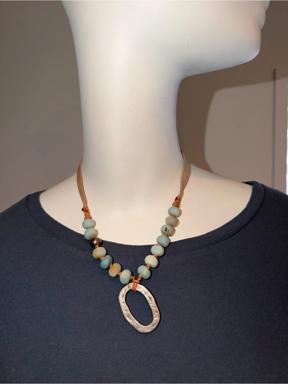 Source Unknown Amazonite Bead Necklace with Textured Oval Pendant